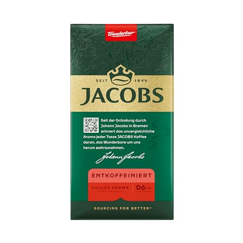 Jacobs Filterkaffee Krönung Entkoffeiniert, mittlere Röstung, Kaffee gemahlen & entkoffeiniert, geröstet in Deutschland, ideal für Filterkaffeemaschine & French Press, Intensität 6/10, 500 g