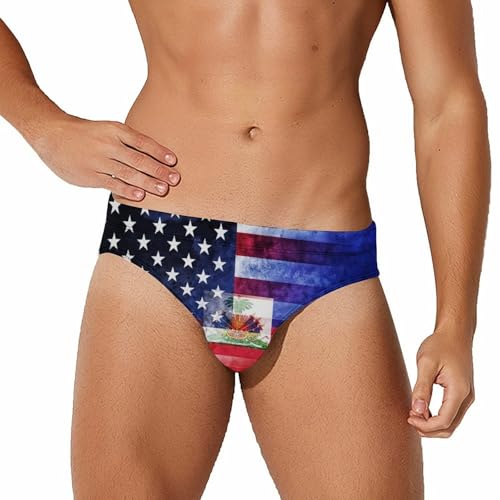U.S. and Flag Printed Swim Briefs for Men Sexy Bikini Swimwear Elastic Beach Trunks Bathing Suit