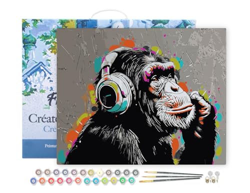 Figured'Art Peinture par Numéro Adulte avec Cadre Street Art Singe Funky - Activité Manuelle Kit de Loisir Créatif DIY Numéro d'Art Complet - 40x50cm toile tendue sur châssis