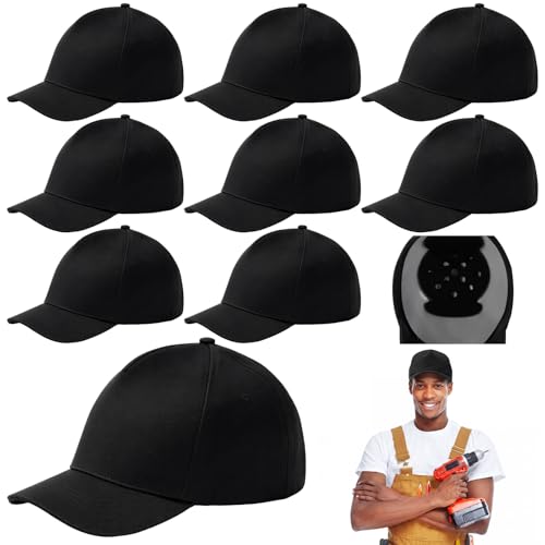 Funnysoft 8 Pcs Baseball Bump Caps Safety Bump Cap Hard Hat Baseball Helmet Breathable Safety Hat with Detachable ABS Inner Shell Foam Pad for Warehouse Factory (Classic Style Black)