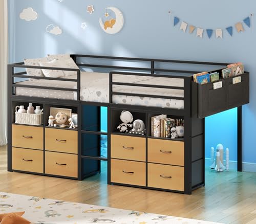 ADORNEVE Low Loft Bed Twin Size with 8 Storage Drawers, Twin Loft Bed with Bookcase and LED Lights, Metal Kids Loft Bed with 14' H Safety Guardrail, Under-Bed Play Space, No Box Spring Needed, Natural