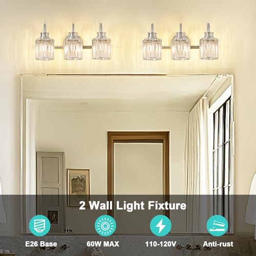Image of Brushed Nickel Bathroom Light Fixtures with K9 Crystal Lampshade Bathroom Lighting Over Mirror Vanity Lights for Living Room,Bedroom,Restroom,Hallway 3 Lights