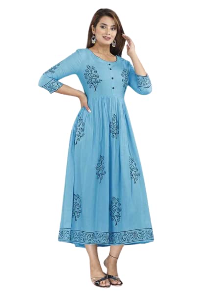 Image of TARANJAL Women's Rayon Anarkali Hand Block Printed Kurti
