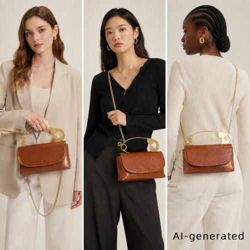 Image of Women's Small Soft Pin Shaped Vegan Leather Crossbody Purse Bag with Gold Metallic Handles & Chain