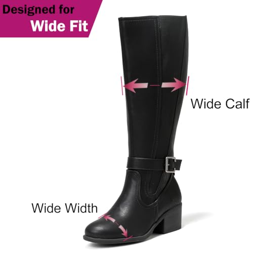 Image of Luoika Women's Extra Wide Calf Heeled Knee High Boots. | Wide Width, Winter Boots, Block Heel, Adjustable Buckle, Round toe