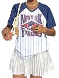 Baseball-Shirt für Damen, gestreift, Baseball-Team-Trikot, V-Ausschnitt, Baseball-Shirts, T-Shirt, Spieltag, Fans, T-Shirt, Geschenke, Weiß/Blau, X-Groß