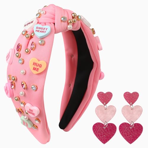 Gmmidea Valentine’s Day Candy Heart Headbands for Women Red Pink Love Conversation Heart Headband Rhinestone Jeweled Knotted Headband Valentines Day Gifts Party Hair Accessories