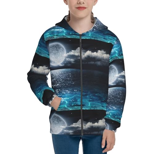 Moon Illuminating The Ocean Kids Pullover Hoodies Boys Zip Up Sweatshirts Girls Athletic Clothes with Pocket3