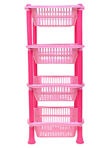Image of Kuber Industries Plastic 4-Tier Multi-Purpose Square Storage Basket, Organizer, Shelf Rack (Pink)-50KM01717