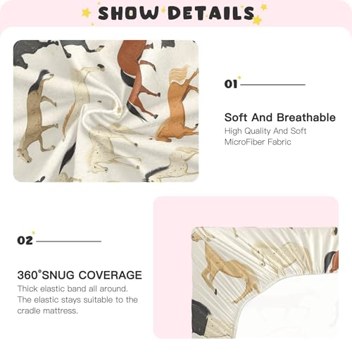 Image of Vintage Horse Crib Sheets Soft Breathable Fitted Baby Crib Sheets Mattress Cover for Girls Boys, 52 inch x 28 inch x 9 inch