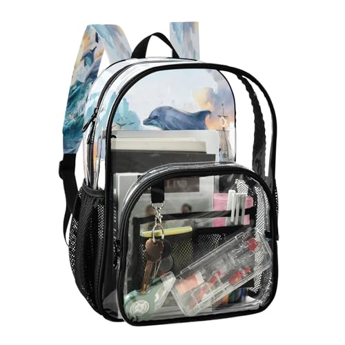 Ship Dolphin Ocean Clear Backpack Heavy Duty See Through Transparent PVC BookBag for Kids Boy Girl School Work2
