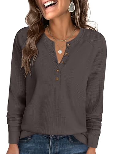 Image of ANRABESS Women's Waffle Knit Henley Top Long Sleeve Shirts