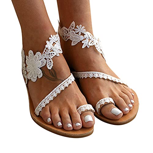 Sommer Flache Sandalen für Frauen, Spitzenriemen Blumenstil Flip Flops, Sandalen Strandhochzeit Dressy Sandalen, für Freundinnen und Mutter Big Toe Fußkorrektur (Color : White, Size : 39 EU) Cover