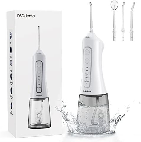 Water Flosser Cordless for Teeth,DSDdental Dental Oral Irrigator with 4 Jet Tips,5 Modes,300ML Water Tank Quiet Professional Electric Flosser for Braces Care, Teeth Cleaner（White）