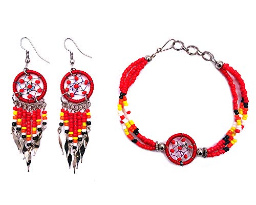 Handmade Native American Style Tribal Dream Catcher Seed Bead Multi Strand Bracelet Dream Catcher Long Beaded Dangle Earrings Jewelry Set (Red)
