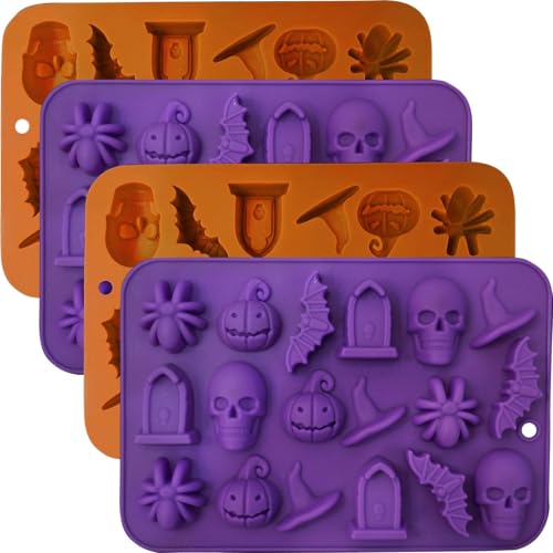 Image of Halloween Molds Silicone for Chocolate 4 Pack, 3D Halloween Chocolate Candy Gummy Mold Skull Pumpkin Bat Ghost Witch Hat Spider tombstone Shapes Mold