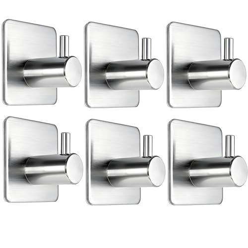 Fotosnow Adhesive Wall Hooks, 15lbs Stainless Steel Heavy Duty No Drill Towel Hooks for Bathroom Kitchen Entryway Dorm-6 Packs