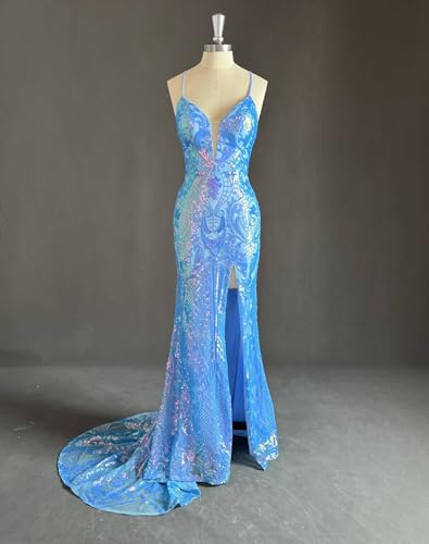 Sparkly Sequin Prom Dress Long Mermaid Spaghetti Straps V Neck Formal Gowns Tight Evening Dresses with Slit for Women4