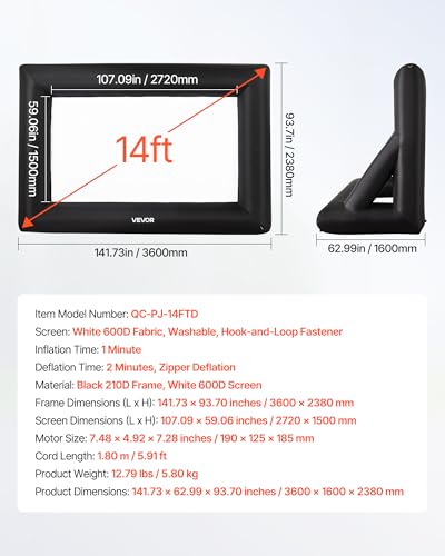 VEVOR aufblasbare Filmleinwand Projektion Beamer Leinwand aus 600D, Projektionsleinwand mit tragbarer Aufbewahrungstasche, 16:9, Filmprojektion für Heimkino Mottoparty Poolspaß (378 x 160 x 317 cm)