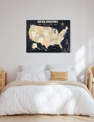 Image of IPIC - Vintage United States Map Canvas Print Wall Art, Large Push Pin Travel Map to Track Travels, Pinnable Board Decor for Home, Office, Study or RV, Ready to Hang