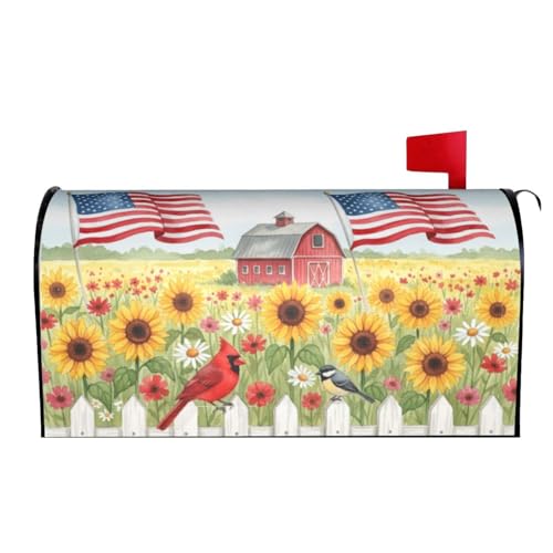 Image of American Flowers Field Farm Flag Mailbox Cover Magnetic Rural Sunflowers and Birds Waterproof Mailbox Wraps Post Letter Box Decor 25.5x21 in