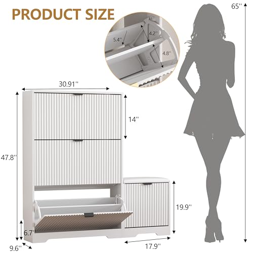 Image of HUANLEGO Shoe Cabinet Storage for Entryway with 4 Flip Drawers, White Fluted Shoe Cabinet with Bench, Wooden Hidden Shoe Rack Freestanding Narrow Slim Shoes Storage Organizer for Hallway, Entrance