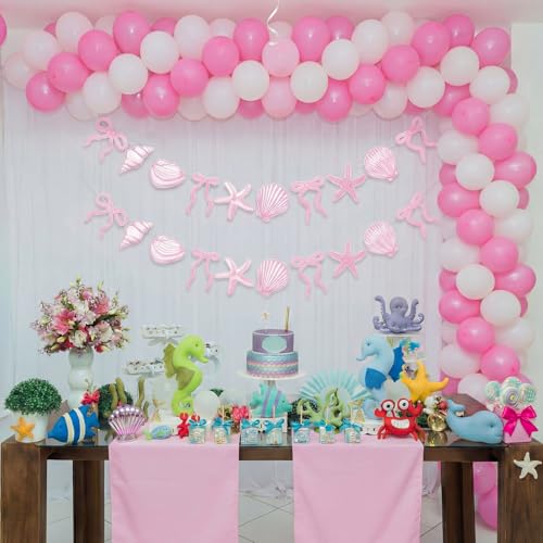 Image of Oudain 2 Pack Pink Bow Starfish and Seashell Garland 6.56 ft Ocean Coastal Beach Party Under the Sea Paper Bow Hanging Banner for Summer Birthday Wedding Bachelorette Mermaid Baby Shower