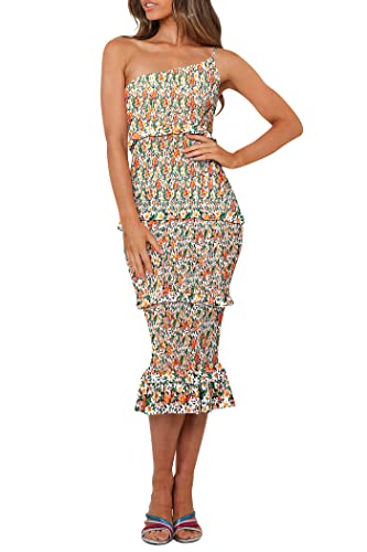 Image of PRETTYGARDEN Women's Summer Midi Bodycon Dresses One Shoulder Strappy Tiered Ruffle Floral Boho Sun Dress