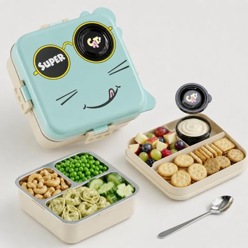 Image of Lunch Box for School Travel Work Gym, 3 Compartment Bento Box, Portable Tiffin Box, Stainless Steel Food Container, Leakproof Meal Box with Spoon, 1120ml + 70ml (Mint Blue, Super Cat)
