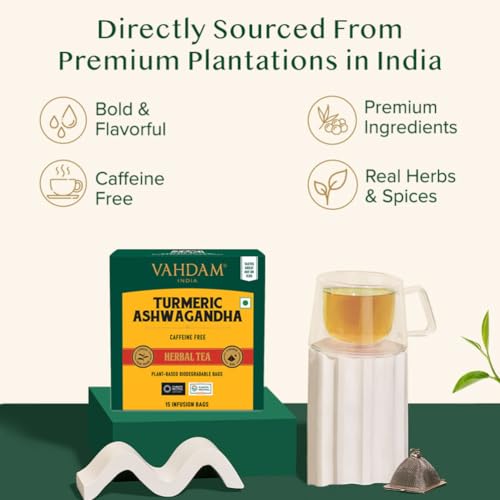 Image of VAHDAM, Turmeric Ashwagandha Herbal Tea Bags (15 Count) Caffeine Free, Non GMO, Gluten Free | 100% Pure Herbal Blend - Sweet & Earthy | Individually Wrapped Pyramid Tea Bags | Direct from Source