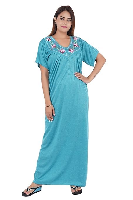 Image of Onekbhalo Women's- Full Sleeves-Feeding- Nursing- Maternity Nighty /Maxi /Gown /Nightdress /Nightwear- Hosiery Cotton Fabric- Floral Print- Embroidery with Zip