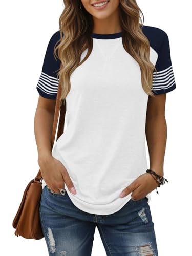 Cuptacc Tshirt Damen Elegant Rundhals Kurzarm Kontrastfarben Raglan T-Shirt Damen Casual Gestreift Stulpe Tunika Lockere Wrinkle Free Oberteile Weiß XL