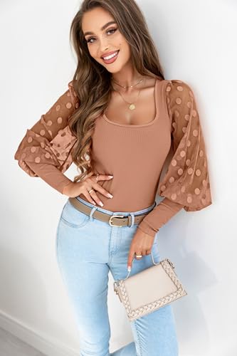Image of miduo Womens Tops Square Neck Polka Dot Balloon Long Sleeve Top Shirts Slim Knit Ribbed Tops Blouses