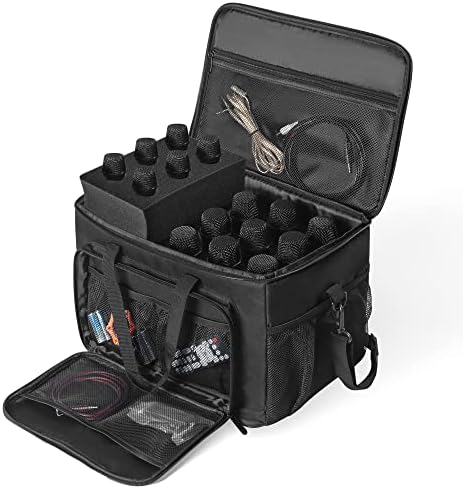 IBIVIVIC 15 Slots Wireless Microphone Bag with Foam, Microphones Nylon Bag with Shoulder Strap, BLACK