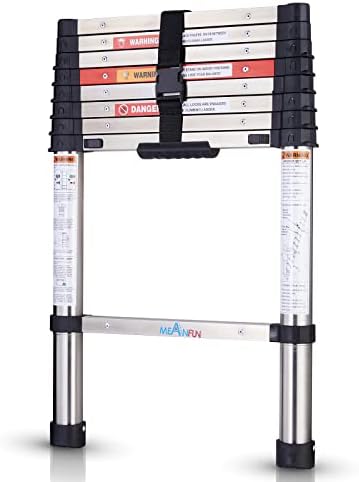 MEANFUN Telescoping Ladder, 8.5 FT One-Button Retraction Stainless Steel Extension Ladder, Safe Slow Down Mechanism Portable Ladder with ANSI Certified for Home Apartment Office Shed, 330 LB Capacity