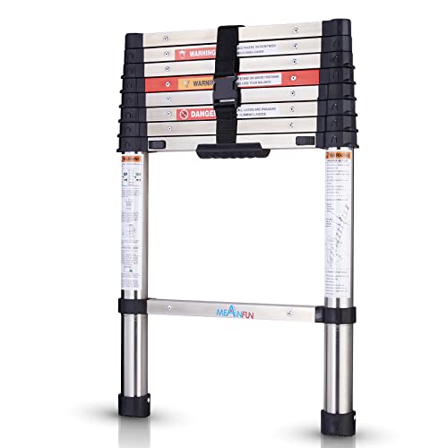 Meanfun Telescoping Ladder, 8.5 Ft One-Button Retraction Stainless Steel Extension Ladder, Safe Slow Down Mechanism Portable Ladder With Ansi Certified For Home Apartment Office Shed, 330 Lb Capacity #TOP4