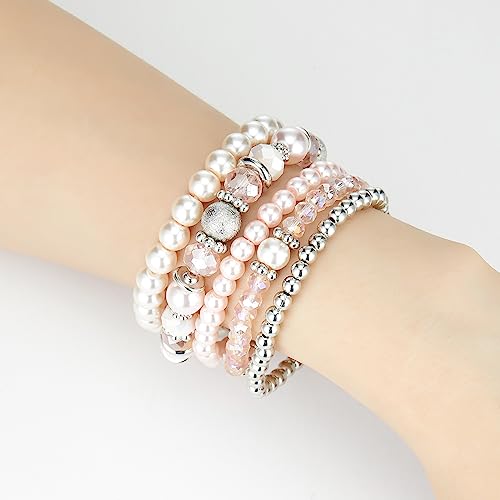 Noessla Beaded Pearl Stretch Bracelet Silver Stackable Crystal Beads Bracelets Trendy Costume Jewelry Mothers Day Gifts for Women3