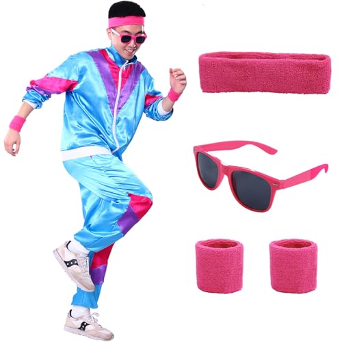 Suffolly Disfarce Anos 80 unissexo, disfarce anos 80 homem, disfarce casal adultos com diadema pulseiras óculos anos 80 handal retro conjunto anos 60 e 70 para adultos festa carnaval (azul, XXL)