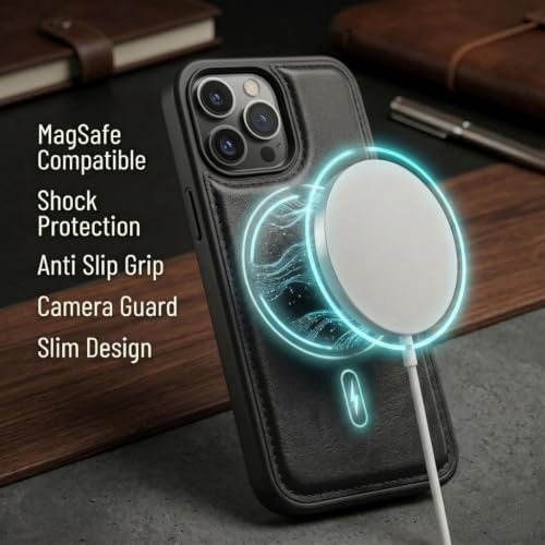 Image of amazon basics Premium PU Leather Case for iPhone 13 Pro, MagSafe Compatible Magnetic Ring, Sleek Protective Back Cover - [Black]