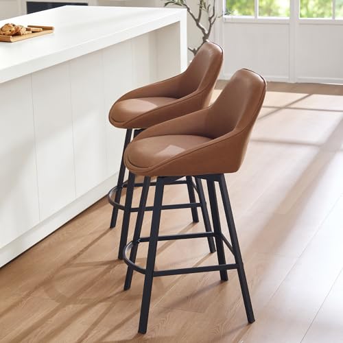 Image of Zesthouse Swivel Counter Height Stools Set of 4, Modern Upholstered Barstools with Backs, 26'' Faux Leather Counter Height Bar Stools, Metal High Chairs for Island Kitchen, Brownish-Orange