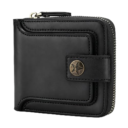 Carteira masculina com zíper de poliuretano, mini carteira masculina dobrável portátil com fivela, vários compartimentos para documentos, Preto, Moderno