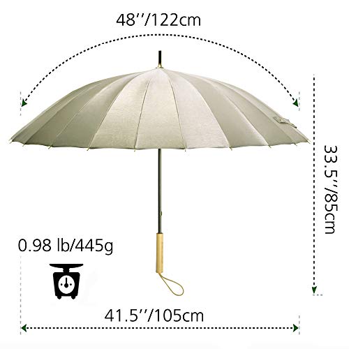 Kung Fu Smith 47 Inch Wood Handle Long Stick Umbrella with 24 Ribs, Reflective UV Protection Umbrella for Women and Girls, Durable and Strong for Wind and Rain - Ultra Lightweight