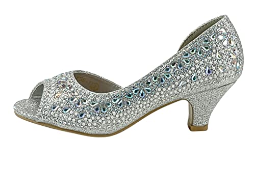Girls Fashion Kitten Heels - Glittering Rhinestone Dress Shoes for Kids - Peep Toe Low Pump Sandals for Fancy Events - Great for Weddings, Pageants, Church, and More2