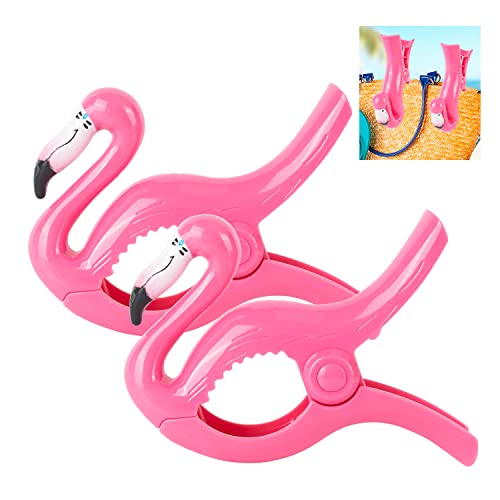 Beach Towel Clip GWAWG 2 PCS Flamingo Shaped Durable Quilt Towel Clip Plastic,Novelty Sunbed Beach Pegs,Large Sized Laundry Pegs for Holiday, Beach, Pool