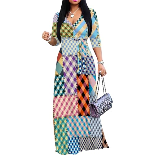 Image of PinkPatty Women's Print Maxi Dresses 3 /4 Sleeve Flowy Long Dress V Neck Wrap Tie Waist Sundress