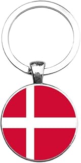 Art Attack Denmark Keychain, Danish Flag Map Country Dane Dannebrog Nordic Cross Charm Pendant Key Chain (Silver)