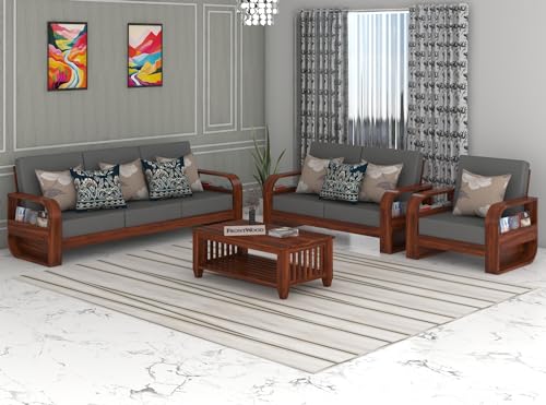 Image of Sheesham Wood 6 Seater Sofa Set with 40 Density Cushion for Living Room Home Office Solid Wood Sofa Set Furniture Wooden Six Seater Sofa Set (Natural,Grey)