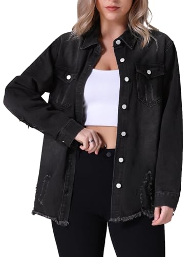 Women's Denim Jacket Frayed Hem Long Sleeve Ripped Distressed Jean Jackets