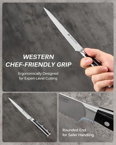 Image of KYOKU 5.5 in. Serrated Utility Knife, Samurai Series Japanese Utility Chef Knife with Pakkawood Handle, German 1.4116 Stainless Steel Full Tang Sandwich Tomato Knife with Protective Sheath & Gift Box