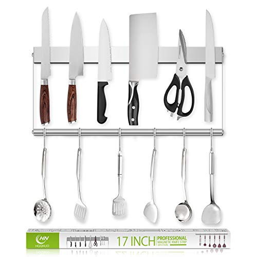 HQQNUO Magnetic Knife Strip, 17 Inch Stainless Steel Magnetic Knife Holder for Wall Mounting with 6 Removable Hooks, Magnetic Tool Bar, Art Supply Organizer Home Kitchen Organizer